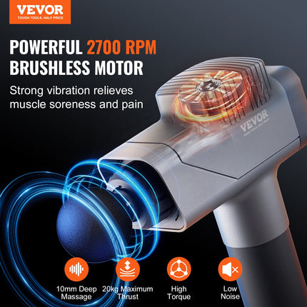 VEVOR Professional Deep Tissue Massage Gun – 16V High-Torque Percussion Massager – 6 Heads & 8 Speeds – Powerful Recovery Tool for Athletes
