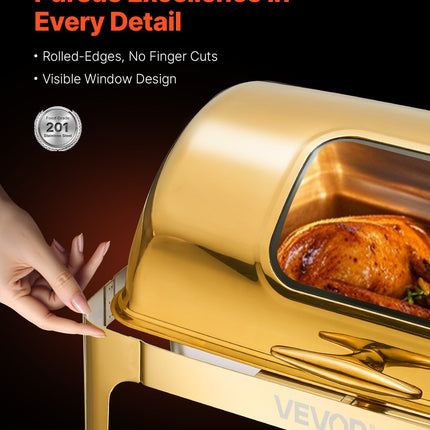 Luxury 9QT Gold-Accented Chafing Dish Set – Stainless Steel Roll Top Buffet Server with Full Size Pan