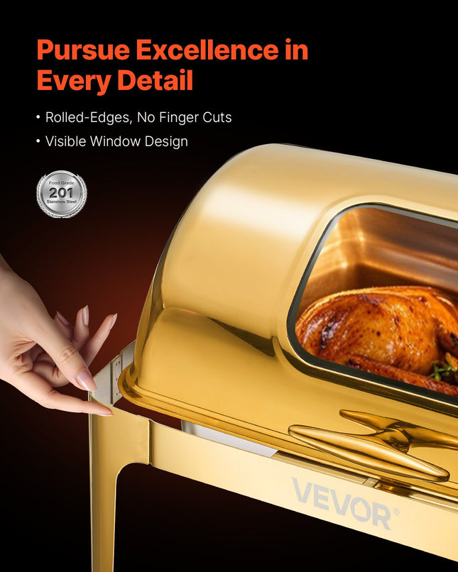 Luxury 9QT Gold-Accented Chafing Dish Set – Stainless Steel Roll Top Buffet Server with Full Size Pan