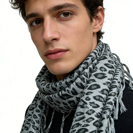 Grey Leopard Print Square Scarf – Lightweight Viscose Head Wrap and Shawl for Evening Wear & Daily Style