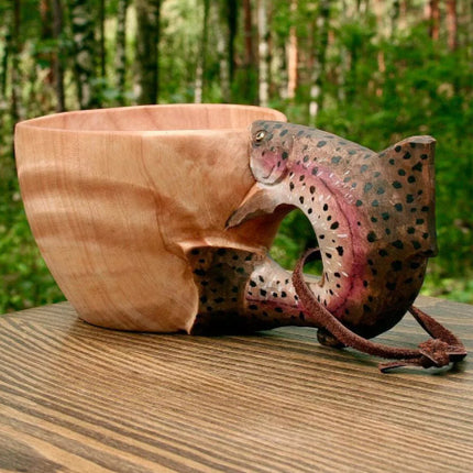 Hand-Carved Scandinavian Kuksa Wooden Mug – Traditional Guksi Camping Cup – Authentic Nordic Wood Coffee Mug with Animal Carvings