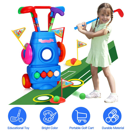Kids Golf Club Set with Wheeled Golf Cart – Indoor & Outdoor Toddler Golf Game – Includes 4 Clubs, 4 Balls, 2 Holes & Flags – Sports Toy for Kids Ages 3-5