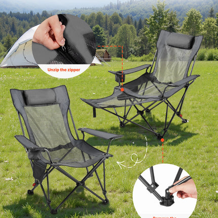 4-Position Reclining Camping Chair with Footrest – Portable Folding Lounge Chair – Heavy Duty Mesh Beach Chair with Headrest – Gray