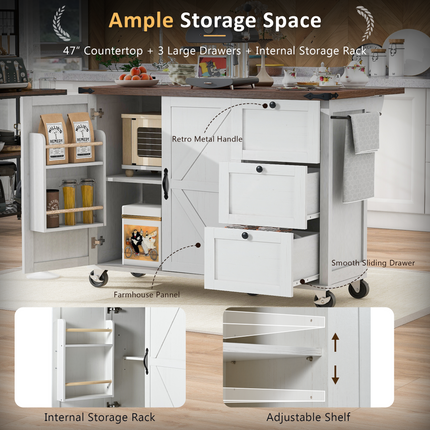 Farmhouse Rolling Kitchen Island with Power Outlet – Expandable Drop Leaf Countertop – Ample Storage with Drawers & Spice Rack – Mobile White Kitchen Cart for Dining & Prep