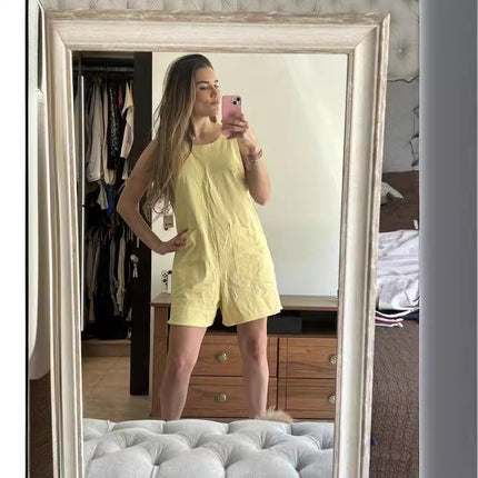 Women's Effortless Cotton Blend Shorts Jumpsuit – Stylish Sleeveless Romper with Pockets – Comfortable Loose Fit for Summer Beach & Casual Wear