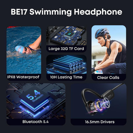 IPX8 Waterproof Swimming Headphones – 32GB Built-in MP3 Player – Bone Conduction Wireless Sports Earbuds – Bluetooth 5.3 Open-Ear Headphones for Diving & Running