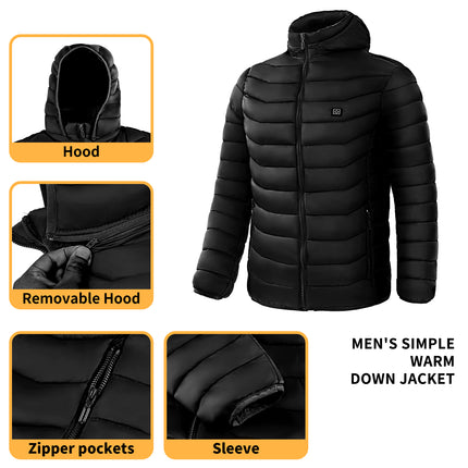 9-Zone Heated Puffer Jacket for Men – Electric Heating Winter Coat with Insulated Hood – USB Powered Thermal Windbreaker
