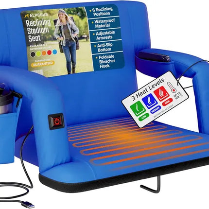 Heated Reclining Stadium Seat with Back Support – Extra Wide Portable Bleacher Chair for Outdoor Sports Games & Camping