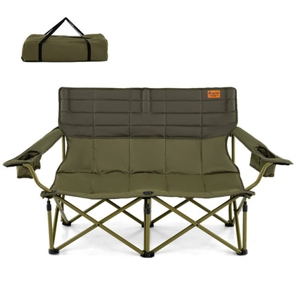 Oversized Padded Double Camping Chair – Thickened 2-Person Loveseat Couch – Heavy Duty Folding Seat with Cup Holders – Black & Gray