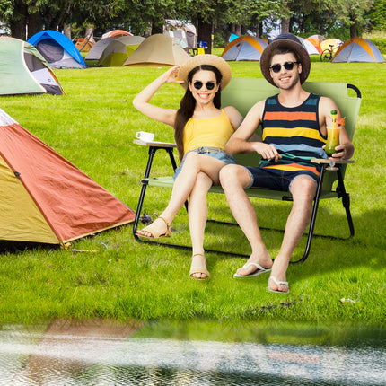 Double Folding Camping Chair - 2-Person Portable Loveseat - Forest Green Outdoor Couch with Wood Armrests & Cup Holders