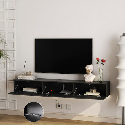 RGB LED Floating TV Cabinet in Glossy Black – Wall Hanging Gaming Media Stand – Modern Minimalist Entertainment Unit with Remote Control