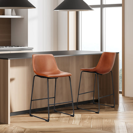 Mid-Century Modern Faux Leather Bar Stools Set of 2 – Padded Bucket Seats & Sturdy Sled Legs – Counter & Bar Height Kitchen Island & Home Bar Seating