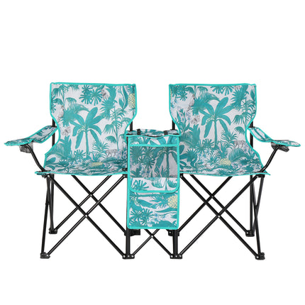 Double Folding Camping Chair Set with Removable Umbrella – 2-Seater Picnic Chair with Built-in Cooler Bag & Cup Holders – Blue