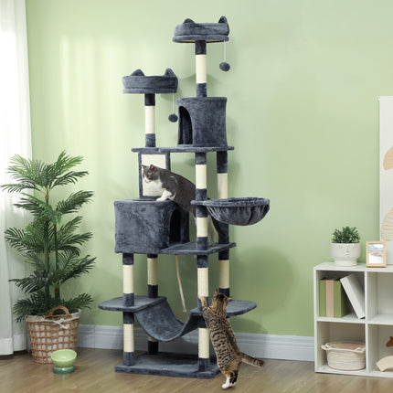 81" Giant Cat Tree Tower – Multi-Level Cat Condo with Scratching Posts & Board – Luxury Cat Furniture with Hammocks, Beds, and Toy Balls (Grey)