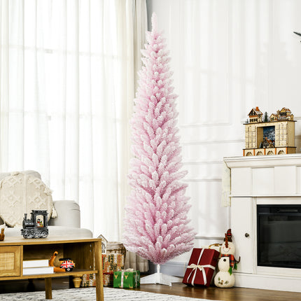 7-Foot Pink Snow Flocked Artificial Christmas Tree – Slim Pencil Holiday Tree with Realistic Branches & Metal Stand for Festive Home Decor