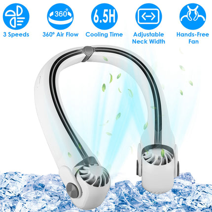 Portable Neck Hanging Fan - Hands-Free Personal Cooling Fan with 3 Speeds - 360° Air Flow & Adjustable Neck Width for Travel, Home & Office