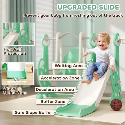 4-in-1 Toddler Slide and Swing Set – Indoor & Outdoor Playground with Climber & Basketball Hoop – Safe Activity Center for Ages 1.5-4 (Green)