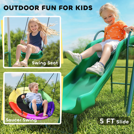 Metal Swing Set with Slide and Saucer Swing – Heavy-Duty A-Frame Stand – Adjustable Rope Outdoor Playset for Backyard – Dark Green