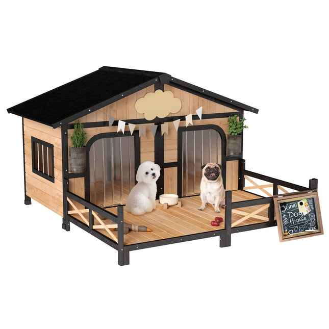 Luxury Natural Wood Double Dog House with Porch – Dual Room Outdoor Kennel with Openable Roof & Removable Floor – Weatherproof Pet Villa