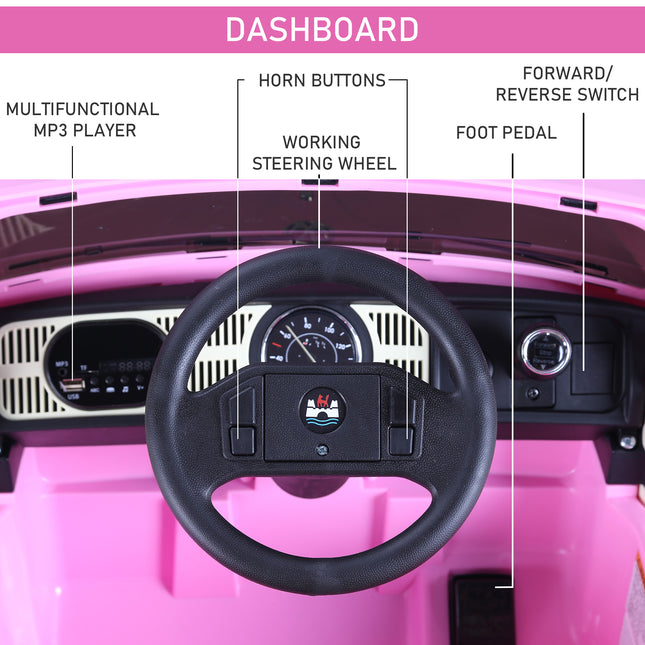 Licensed Volkswagen Beetle 12V Kids Electric Ride-On Car – Retro Style with Parental Remote Control & Extra Wide Safety Tires – Pink