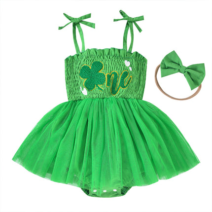 Baby Girl St. Patrick’s Day Tulle Romper Dress & Headband Set – Clover Embroidered Ruffle Sleeveless Jumpsuit