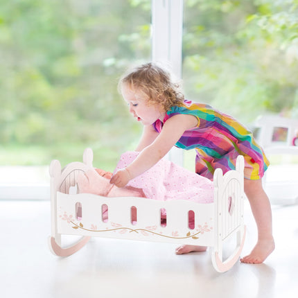Robotime 2-in-1 Wooden Doll Cradle – Reversible Rocking Crib & Bed for 18-Inch Dolls – Premium Pretend Play Doll Furniture