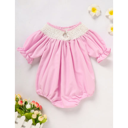 Baby Girl First Birthday Smocked Romper – Embroidered Birthday Cake Princess Bodysuit – Vintage Style Short Sleeve Bubble Romper