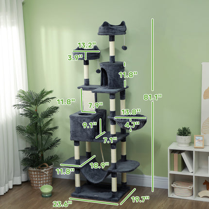 81" Giant Cat Tree Tower – Multi-Level Cat Condo with Scratching Posts & Board – Luxury Cat Furniture with Hammocks, Beds, and Toy Balls (Grey)