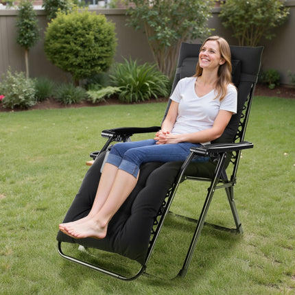 Zero Gravity Reclining Lounge Chair – Folding Patio Chair with Removable Soft Cushion & Cup Holder Tray – Supports 350lbs – Black