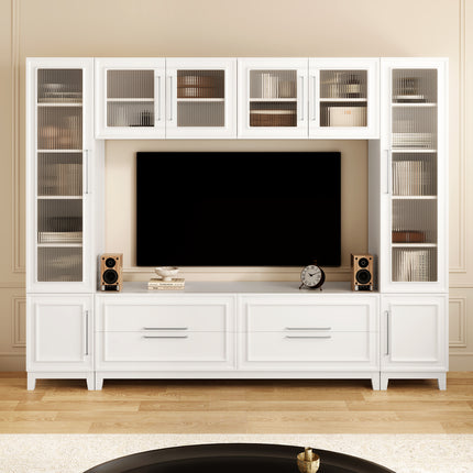 Vibe Haus 102" Modern White Entertainment Center – Large Wall Unit for TVs up to 75" – Minimalist Media Console with Glass Doors & Storage Drawer