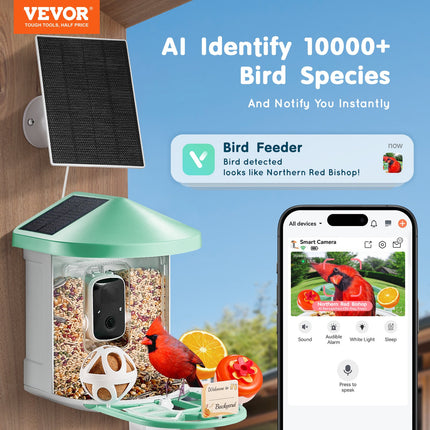 Smart Bird Feeder with 1080P AI Camera – Automatic Bird Species Identification – Solar Powered Wireless Outdoor Feeding Station