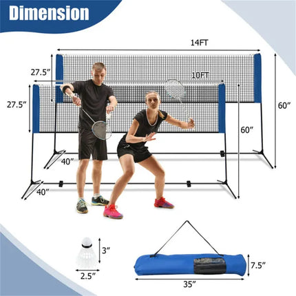 14FT Extra-Wide Multi-Sport Net Set – Adjustable Height (33.5" - 61") for Badminton, Tennis & Pickleball – Portable Folding Net with Carry Bag