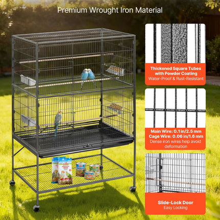 60" Large Wrought Iron Bird Flight Cage with Rolling Stand – Spacious Flight Cage for Cockatiels, African Greys, and Parakeets – Includes Perches & Feeders