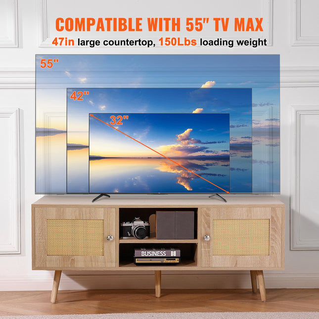 55" Rattan TV Stand – Boho-Chic Entertainment Center with Natural Rattan Doors – Mid-Century Modern Media Console for Living Room