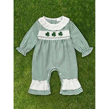 St. Patrick’s Day Baby Girl Romper – Green Plaid & Four-Leaf Clover Print Bodysuit – Long Sleeve Lucky Charm Outfit