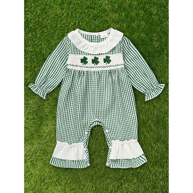 St. Patrick’s Day Baby Girl Romper – Green Plaid & Four-Leaf Clover Print Bodysuit – Long Sleeve Lucky Charm Outfit