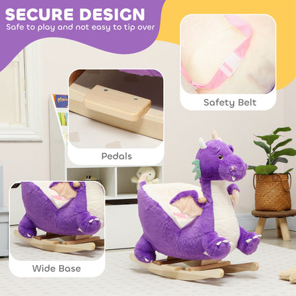 Purple dragon rocking horse showing its plush character design