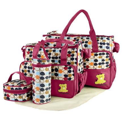 5pcs Baby Diaper Bag Set – Multi-Functional Mummy Travel Tote – Large Capacity Shoulder Bag with Changing Pad & Insulated Bottle Bag