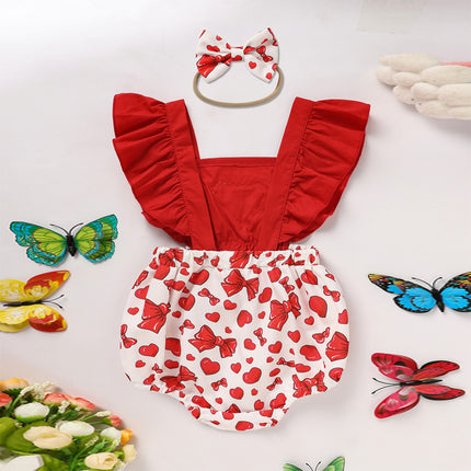 Baby Girl Heart & Bow Print Romper – Pink Ruffle Trim Bodysuit – Sweetheart Long Sleeve One-Piece for Infants
