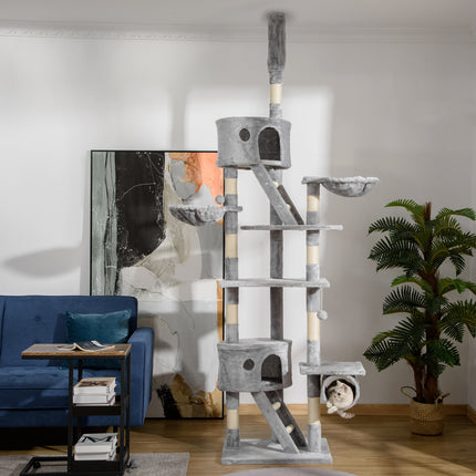 Floor-to-Ceiling Cat Tree Tower – 94.5" to 110.25" Height Adjustable Cat Climbing Post – Space-Saving Multi-Level Condo with Hammock & Scratching Posts