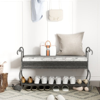 Industrial Shoe Rack Bench with Padded Seat – Rustic Entryway Bench for Small Spaces – Upholstered Shoe Storage Organizer with Metal Shelves