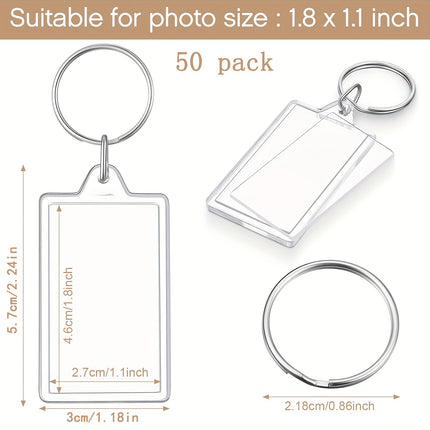 50 Pack Transparent Acrylic Photo Keychains – Blank Insert Keyrings for DIY Personalization – Durable Clear Picture Frames for Gifts & Crafts