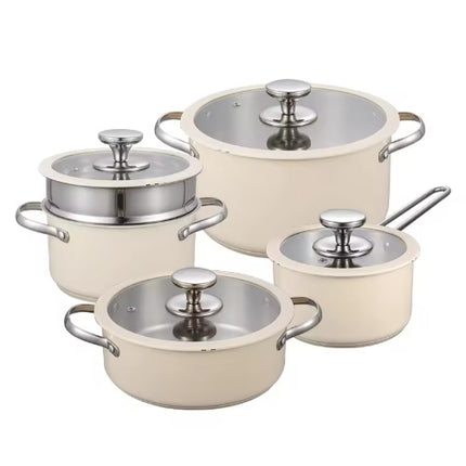 9-Piece Elite Ceramic Coated Cookware Set – Stainless Steel Pots & Pans with Steamer Insert – Sleek White & Silver