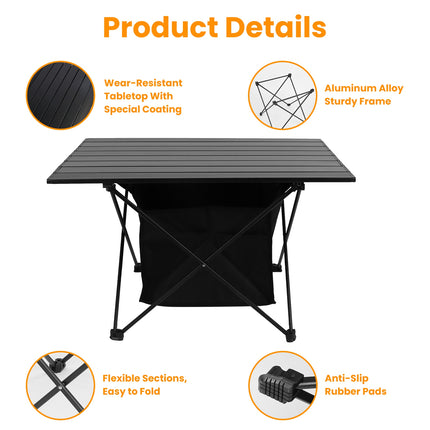 Aluminum Roll-Up Camping Table with Storage Mesh Basket – Lightweight Portable Picnic Table – Rustproof Folding Table for Hiking, BBQ & Fishing