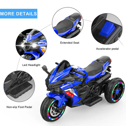 12V Electric Ride-On Motorcycle for Kids – Glowing LED Wheels & Bluetooth Music – Battery Powered Sport Bike with Training Wheels (Blue)