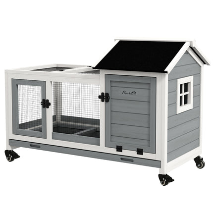 Wooden Rabbit Hutch with Rolling Wheels – 2-Tier Small Animal Habitat with Run & Slide-Out Tray – Blue & White Indoor/Outdoor Bunny House
