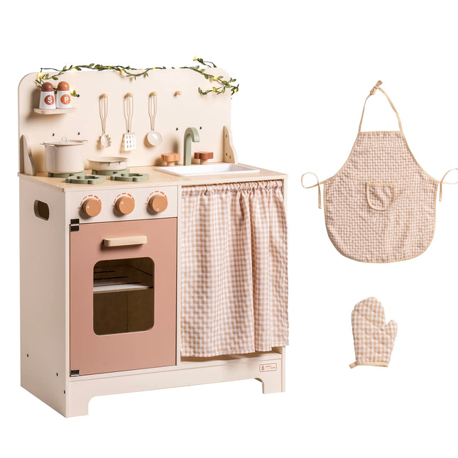 Robud Rustic Wooden Play Kitchen Set – Vintage Style Pretend Play Kitchen for Toddlers – Montessori Educational Chef Playset with Realistic Sounds & Accessories