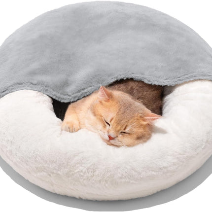 MewooFun Enclosed Cat Bed Cave – 22" Large Hooded Pet Bed with Built-in Blanket – Washable Anti-Anxiety Nest for Cats and Small Dogs (White)