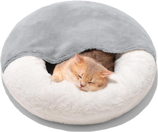 MewooFun Enclosed Cat Bed Cave – 22" Large Hooded Pet Bed with Built-in Blanket – Washable Anti-Anxiety Nest for Cats and Small Dogs (White)