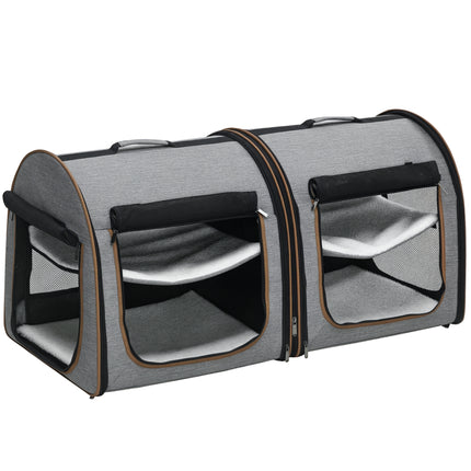 39" Portable Double Cat Carrier – Extra Large Two-Compartment Travel Crate with Removable Divider – Foldable Soft-Sided Dog Kennel with Plush Mats (Light Gray)